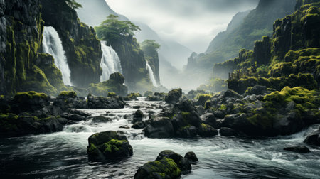 Waterfall surrounded by clouds. Generative AI.の素材