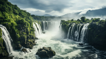 Waterfall surrounded by clouds. Generative AI.の素材