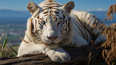 White tiger lying down. Generative AI.の素材