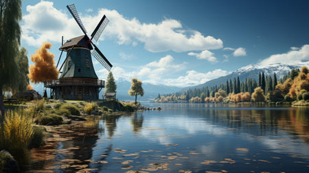 Windmill on lake. Generative AI.の素材