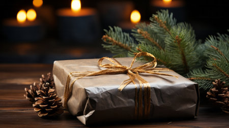 Wrapped present with string and pine branch. Generative AI.の素材