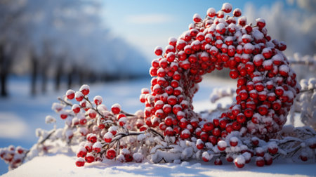 Wreath with red berries and snow on it. Generative AI.の素材