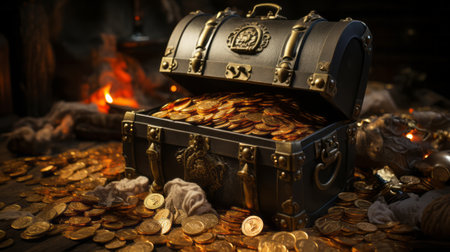 Treasure chest full of coins. Generative AI.の素材