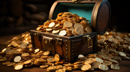 Treasure chest full of coins. Generative AI.の素材