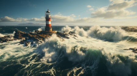 Waves in the ocean break the lighthouse. Generative AI.の素材