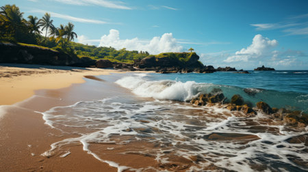 Beach with palm trees and blue water. Generative AI.の素材