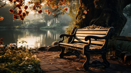 Bench next to pond. Generative AI.の素材