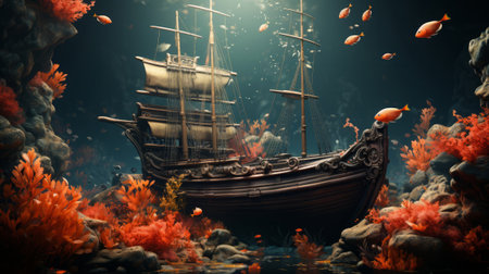 Boat in the water with fish and coral. Generative AI.の素材