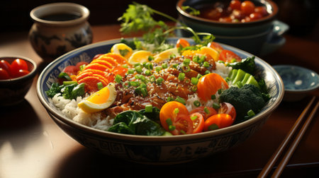 Bowl of food with chopsticks close-up. Generative AI.の素材