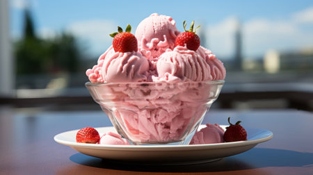 Bowl of pink ice cream. Generative AI.の素材