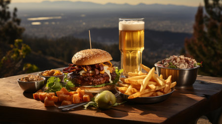 Burger with fries and glass of beer. Generative AI.の素材