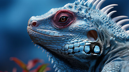 Close up of blue lizards face close-up. Generative AI.の素材