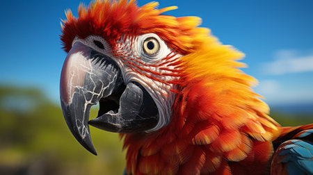 Colorful parrot with beak open close-up. Generative AI.の素材