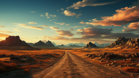 Dirt road through desert. Generative AI.の素材