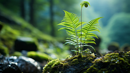 Fern growing in the forest. Generative AI.の素材