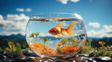 Goldfish in bowl of water. Generative AI.の素材