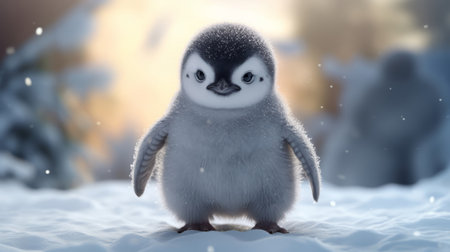 A Baby Penguin Standing On Snow. Generative AI.の素材
