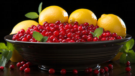 A Bowl Of Food With Lemons And Pomegranate Seeds. Generative AI.の素材