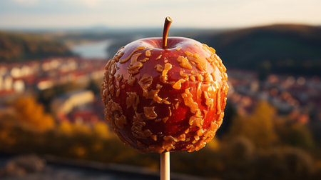 A Caramel Apple With A Stick Close-Up. Generative AI.の素材