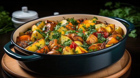 A casserole with vegetables in a white bowl. Generative AI.の素材