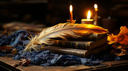 A feather on top of books. Generative AI.の素材