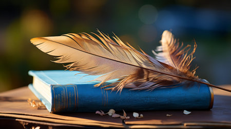 A feather on top of books. Generative AI.の素材