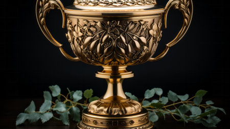 A gold trophy on a black surface. Generative AI.の素材
