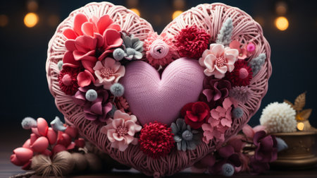 A heart shaped wreath with a ball of yarn and flowers. Generative AI.の素材