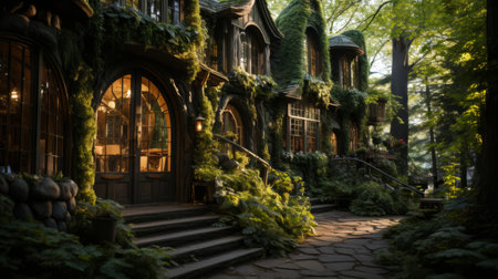 A house covered in ivy. Generative AI.の素材
