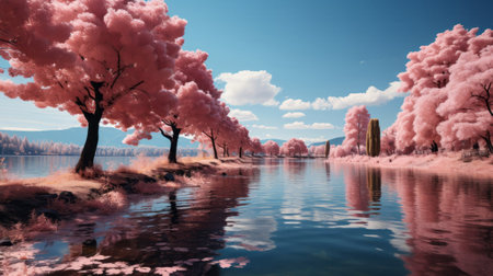 A lake with pink trees and blue sky. Generative AI.の素材