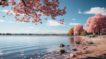 A lake with pink trees and blue sky. Generative AI.の素材