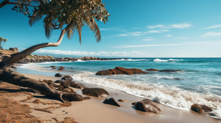 A palm tree on a beach. Generative AI.の素材