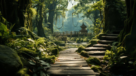 A path through a bamboo forest. Generative AI.の素材