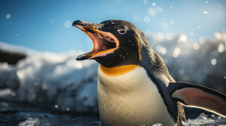 A penguin with its mouth open. Generative AI.の素材