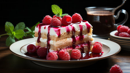 A piece of cake with raspberries on a plate. Generative AI.の素材