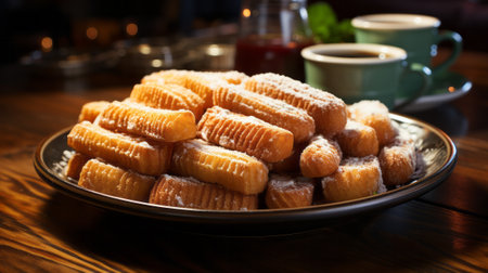 A plate of churros on a wooden surface. Generative AI.の素材