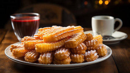 A plate of churros on a wooden surface. Generative AI.の素材