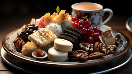 A plate of sweets and nuts. Generative AI.の素材
