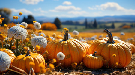 A pumpkins and flowers on bales of hay. Generative AI.の素材