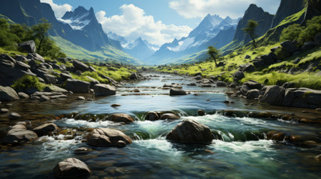 A river running through a rocky area. Generative AI.の素材