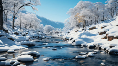 A river with ice and snow. Generative AI.の素材