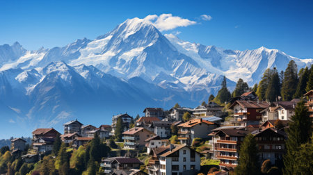 A snow covered mountain with houses and mountains. Generative AI.の素材