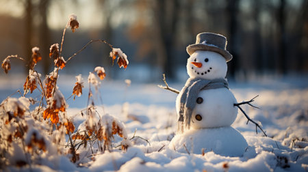 A snowman with a hat and scarf in a yard. Generative AI.の素材