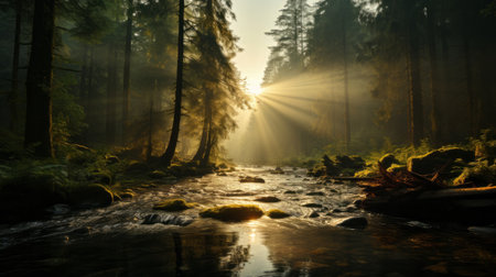 A sun shining through the trees. Generative AI.の素材