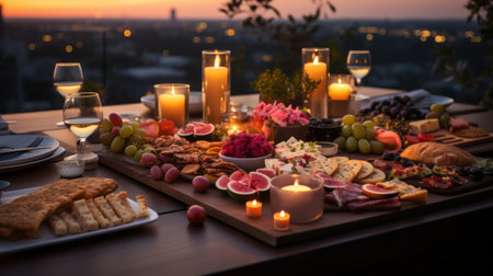 A table with food and candles. Generative AI.の素材