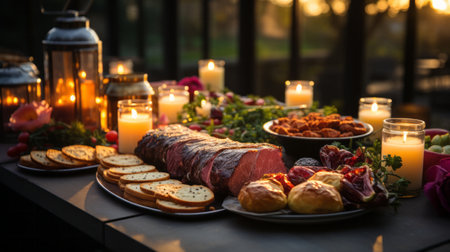 A table with food and candles. Generative AI.の素材