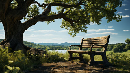 A bench next to a tree. Generative AI.の素材