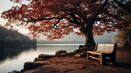 A bench next to a tree. Generative AI.の素材