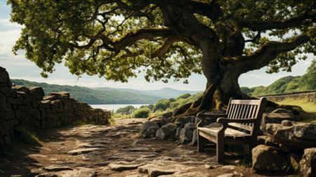 A bench next to a tree. Generative AI.の素材