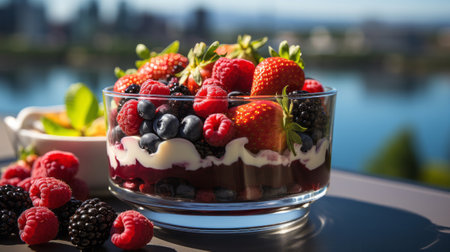 A dessert in a glass bowl with berries. Generative AI.の素材
